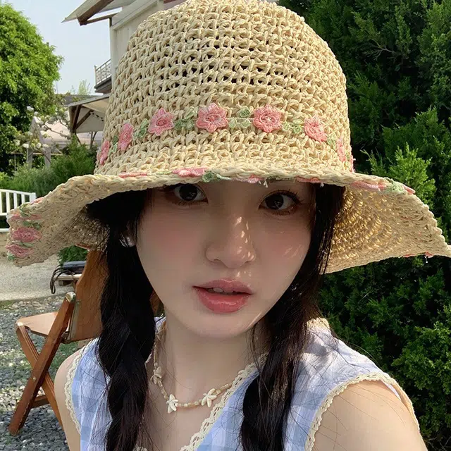 浪莎 薄荷曼波小清新花朵织带草帽大帽檐沙滩露营纯欲风出片 遮阳帽 草编 防晒帽 女款