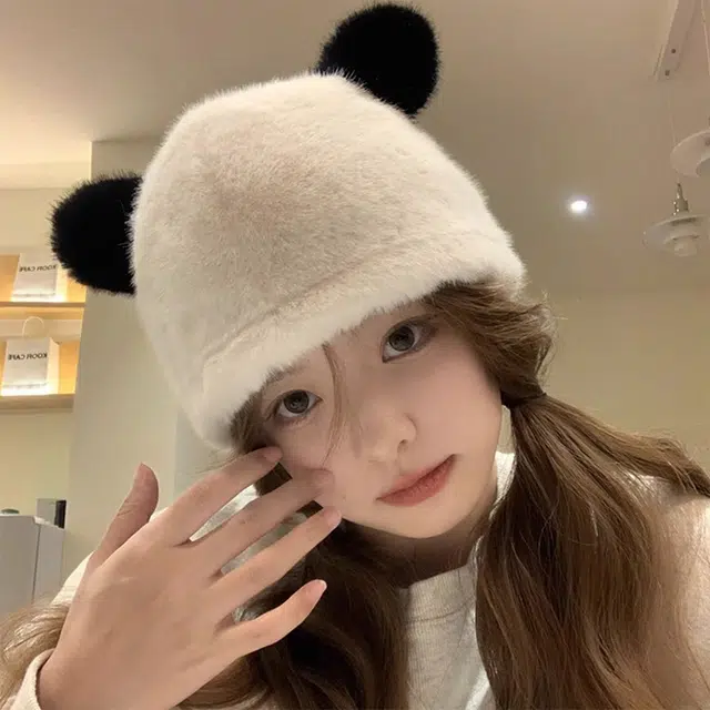 浪莎 减龄小熊耳朵毛绒帽女款秋冬新款仿貂毛百搭护耳帽学生甜美可爱冷帽 涤纶 绒线帽 女款