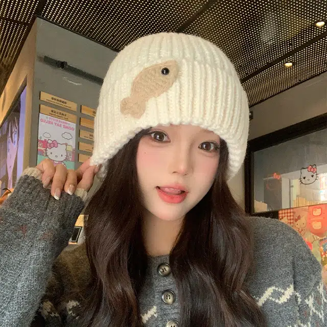 浪莎 韩系可爱小鱼织标毛线保暖出街百搭大头围 聚酯纤维 绒线帽 男女同款情侣款