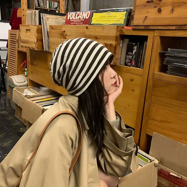 浪莎 早秋包头帽秋冬季条纹薄软透气时尚造型堆堆帽 棉 绒线帽 男女同款情侣款