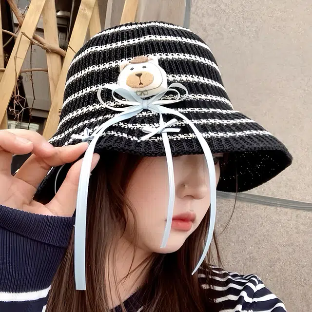 浪莎 甜美可爱蝴蝶结小熊条纹春夏季户外出游防晒遮阳透气百搭显脸小盆帽 腈纶 渔夫帽 男女同款情侣款