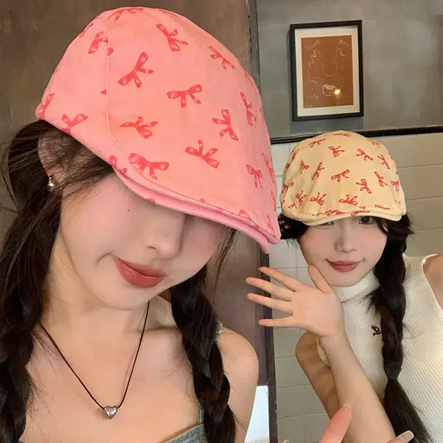 浪莎 甜酷蝴蝶结前进帽子 夏季 显脸小鸭舌帽出游拍照可爱遮阳帽 棉 贝雷帽 女款