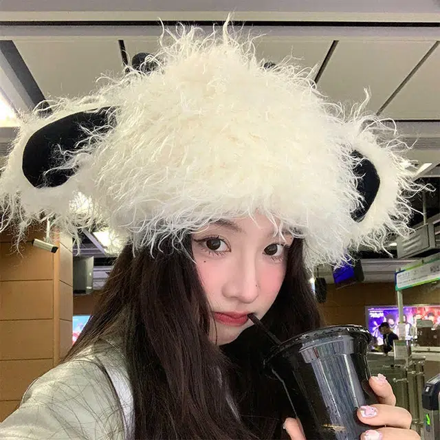 浪莎 超级氛围感小羊耳朵个性炸毛可爱御寒保暖防风 涤纶 绒线帽 男女同款情侣款