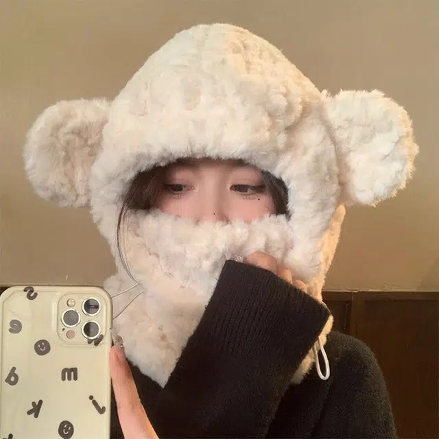 浪莎 可爱毛绒小熊护耳绒线帽女生冬季加厚加绒滑雪防寒口罩骑车通勤保暖雷锋帽 涤纶 绒线帽 男女同款情侣款