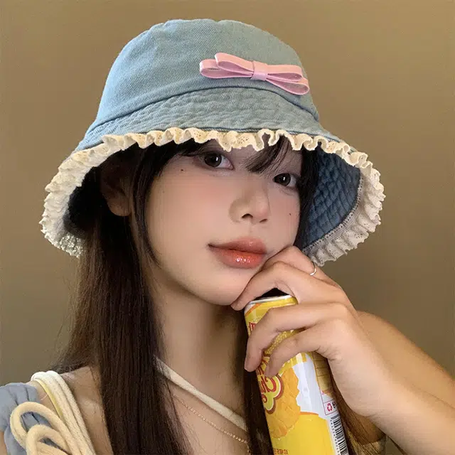 浪莎 小清新蝴蝶结蕾丝边牛仔复古显脸小盆帽遮阳防晒水桶 棉 渔夫帽 女款