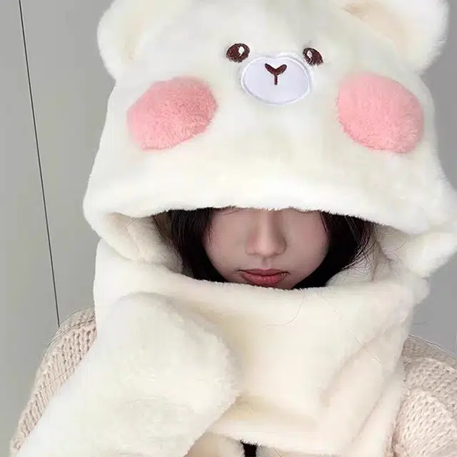 【萌趣可爱】 浪莎 圆腮红可爱小熊帽子围巾手套一体女生冬季保暖加绒加厚骑车防寒围脖绒线帽三合一 涤纶 绒线帽 女款