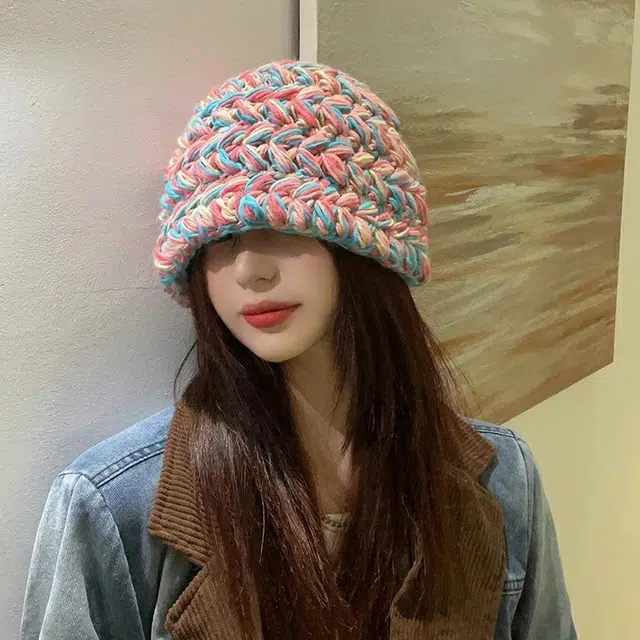 浪莎 小众粗针织混色手工绒线帽女生秋冬季彩色线保暖针织帽复古渔夫帽盆帽 腈纶 绒线帽 女款