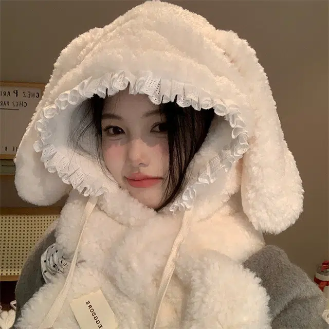 浪莎 可爱毛绒兔子耳朵帽子围巾一体女生秋冬季纯欲风加厚保暖护耳套头绒线帽 涤纶 绒线帽 女款