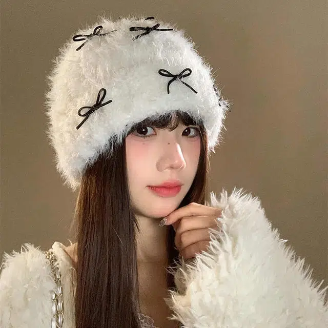 浪莎 甜美蝴蝶结加厚保暖护耳针织大头围显脸小 棉 绒线帽 男女同款情侣款