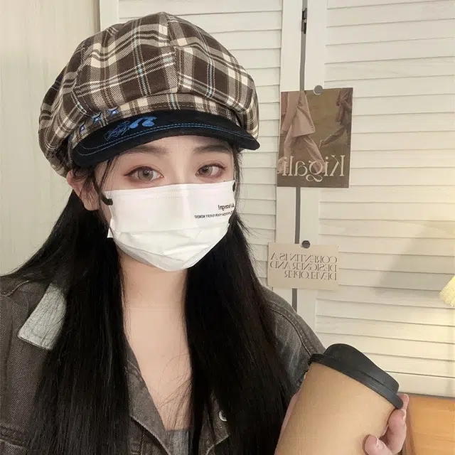 浪莎 日系复古百搭八角格子纹轻奢可爱小熊刺绣甜美 聚酯纤维 贝雷帽 女款