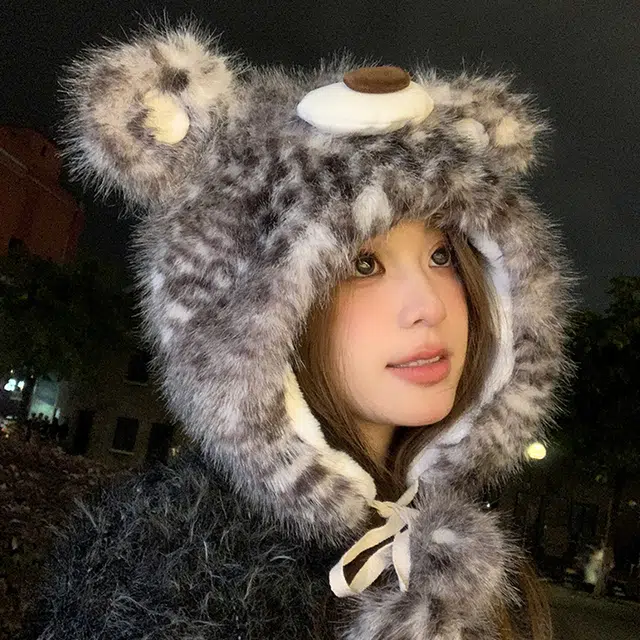 【萌趣搞怪】 浪莎 卡通可爱加厚豹纹小熊帽子女生冬季保暖防寒毛茸茸显脸小护耳 涤纶 绒线帽 女款