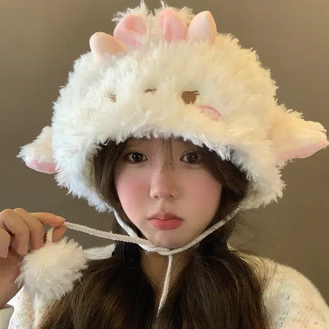 浪莎 超可爱小羊耳朵帽子女生秋冬甜美纯欲风毛绒帽显脸小保暖毛茸茸护耳帽 涤纶 绒线帽 男女同款情侣款