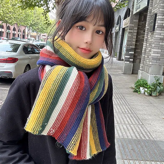 【个性撞色】 浪莎 彩虹岛屿氛围感针织撞色围巾冬季保暖加厚百搭毛线围脖加厚 男女同款情侣款 绒线围巾 男女同款情侣款