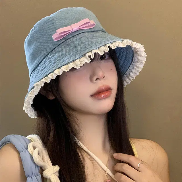 浪莎 小清新蝴蝶结蕾丝边牛仔复古显脸小盆帽遮阳防晒水桶 棉 渔夫帽 女款