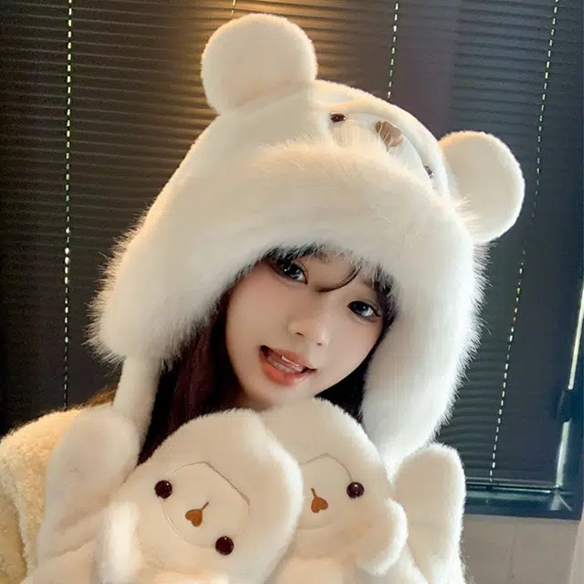 浪莎 甜美可爱卡通小熊毛绒针织帽防寒护耳包头帽出街美拍通勤百搭 聚酯纤维 绒线帽 女款