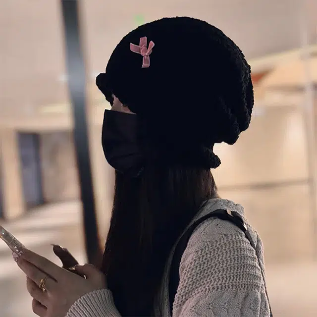 浪莎 蝴蝶结毛线冷帽保暖大头围显脸小针织堆堆帽 涤纶 绒线帽 女款