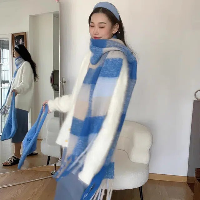 浪莎 奶油格子学院风百搭显白加厚保暖 礼盒装 聚酯纤维 绒线围巾 男女同款情侣款