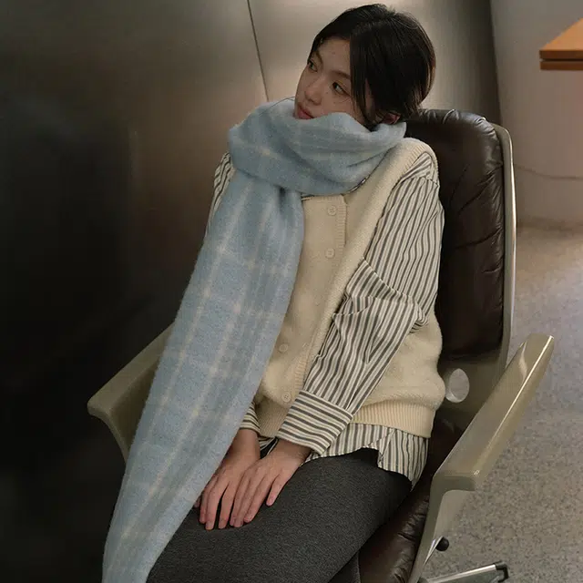 浪莎 韩版圈圈纱复古蓝红色格纹马海毛秋冬季氛围感加大加厚披肩围脖 礼盒装 绒线围巾 男女同款情侣款