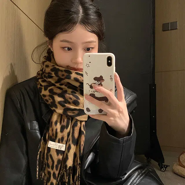 浪莎 甜酷风复古豹纹流苏绒线围巾男女情侣款千禧辣妹风秋冬加厚保暖披肩围脖 礼盒装 绒线围巾 男女同款情侣款