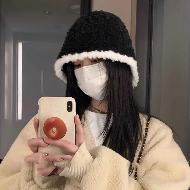 浪莎 黑色毛绒水桶帽秋冬季韩版显脸小大头围保暖 腈纶 渔夫帽 女款