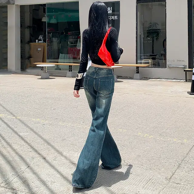 花蔓色 美式水洗微喇低腰小个子不贴腿做旧阔腿通勤牛仔裤 女款 复古蓝