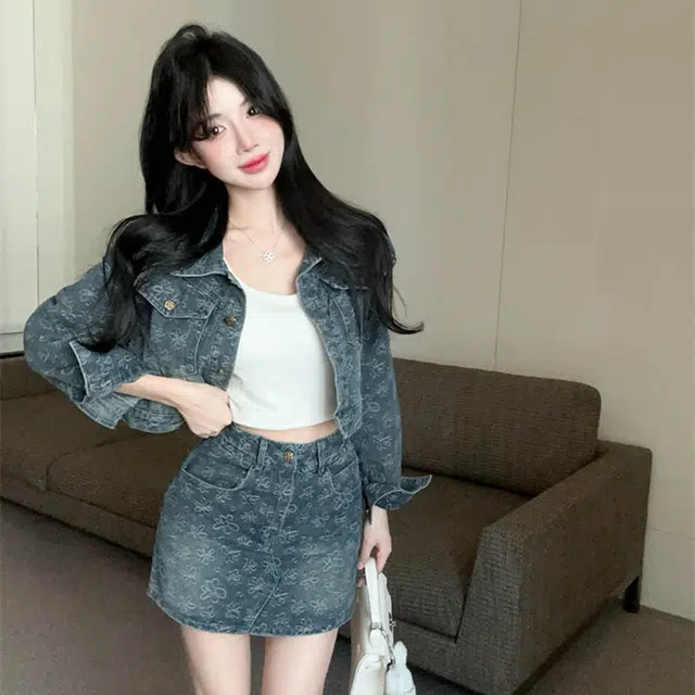 珠蒂美 浮花梦影初秋洗水外套提花工艺半裙裙装套装 女款