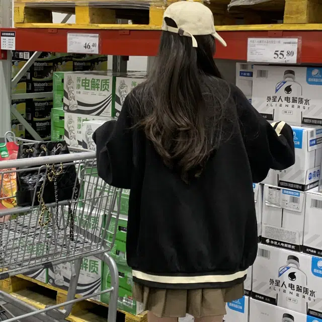 涂诗菲 美式学院风宽松休闲棒球服夹克外套 女款 黑色