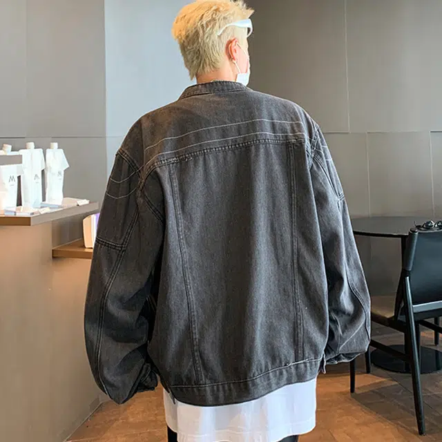 拾个壹先生 美式高街小众做旧水洗垫肩金属设计感潮流百搭牛仔外套 男女同款
