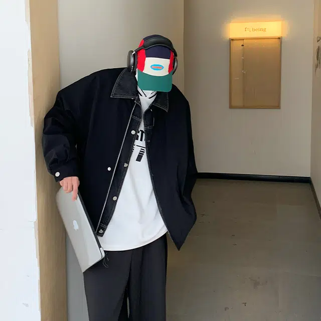 韩版潮牌高街复古假两件工装嘻哈痞帅风单排扣落肩宽松百搭休闲舒适翻领长袖夹克外套 男女同款