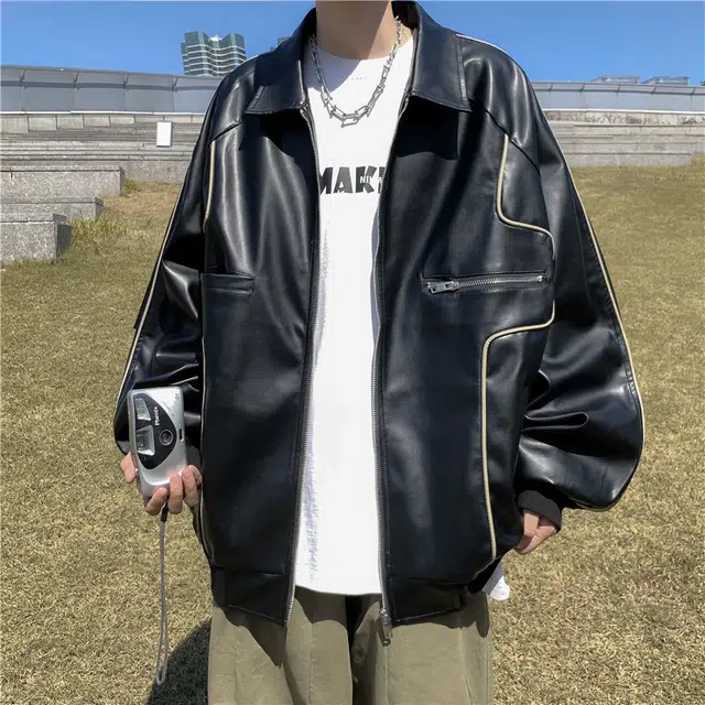 美式潮流高街复古个性拼接设计时尚百搭高级感街头机车风休闲外套皮衣 男女同款