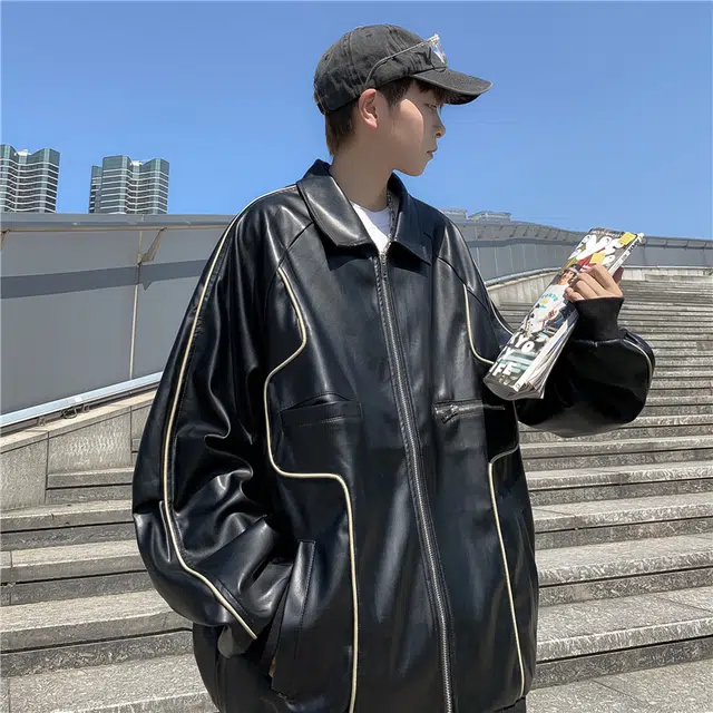 美式潮流高街复古个性拼接设计时尚百搭高级感街头机车风休闲外套皮衣 男女同款
