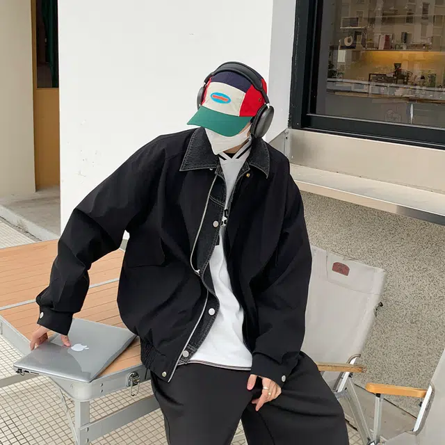 韩版潮牌高街复古假两件工装嘻哈痞帅风单排扣落肩宽松百搭休闲舒适翻领长袖夹克外套 男女同款
