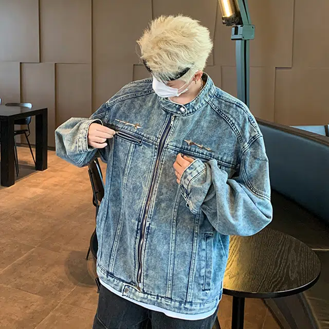 费尔岛上的猫 美式高街小众做旧水洗垫肩金属设计感潮流百搭牛仔外套 男女同款