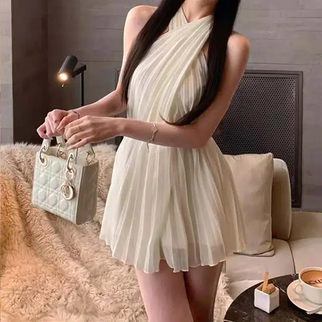 玉儿恋 御姐风挂脖收腰气质简约无袖连衣裙 女款