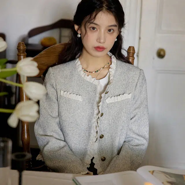 木清清 复古法式慵懒木耳花边提花小香风夹克外套 女款 米色