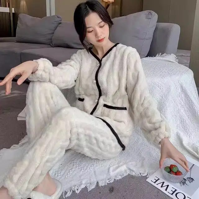 秀黛 加厚亲肤舒适保暖休闲可外穿睡衣套装 女款 白色
