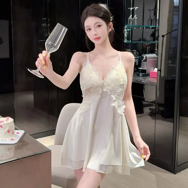秀黛 性感睡衣女冰丝夏季吊带胸垫美背蕾丝水溶花轻奢纯欲风家居服睡裙 女款