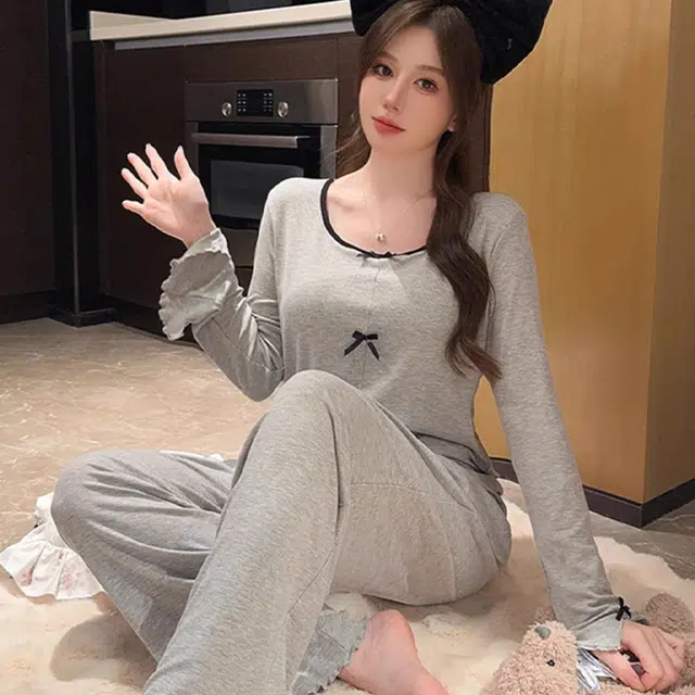 秀黛 简约休闲蝴蝶结亲肤舒适圆领袖口开叉长袖上衣可外穿休闲长裤睡衣套装 女款 灰色