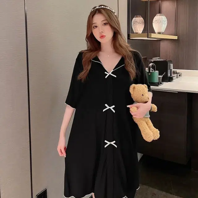秀黛 韩系时尚舒适薄款纯色过膝带胸垫凉感短袖睡衣家居服睡裙 女款