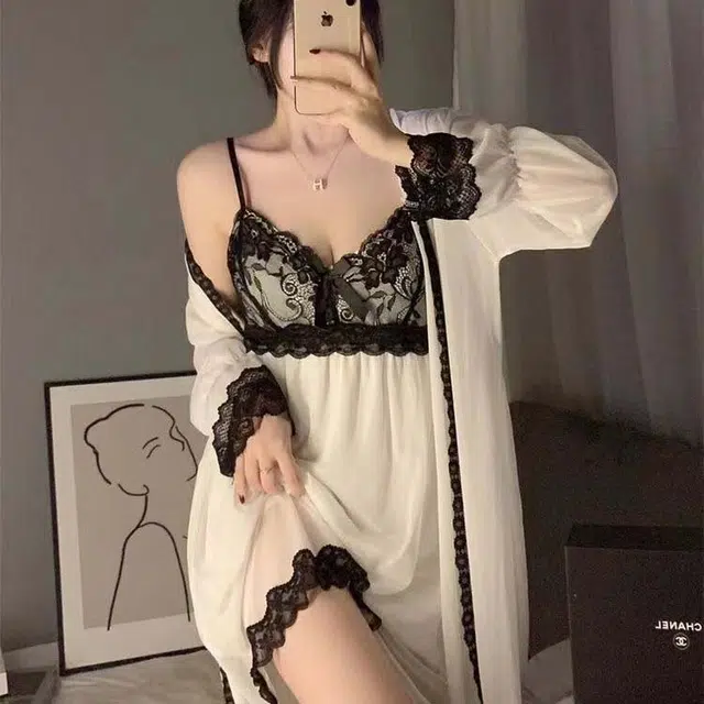 秀黛 纯色拼接蕾丝无袖内搭凉感柔软长袖外搭睡衣套装 女款 白色
