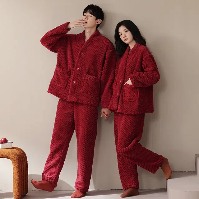 秀黛 珊瑚绒家居服加厚喜庆家居服睡衣套装 女款 红色