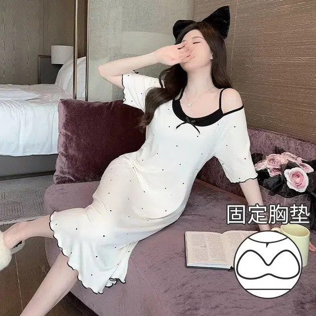 秀黛 韩系时尚舒适百搭甜美可爱波点纯欲风带胸垫一体睡裙 女款