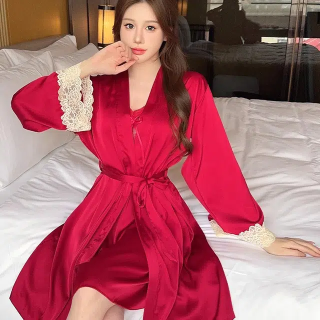 秀黛 简约舒适长袖睡袍休闲吊带睡裙睡衣套装 女款 红色