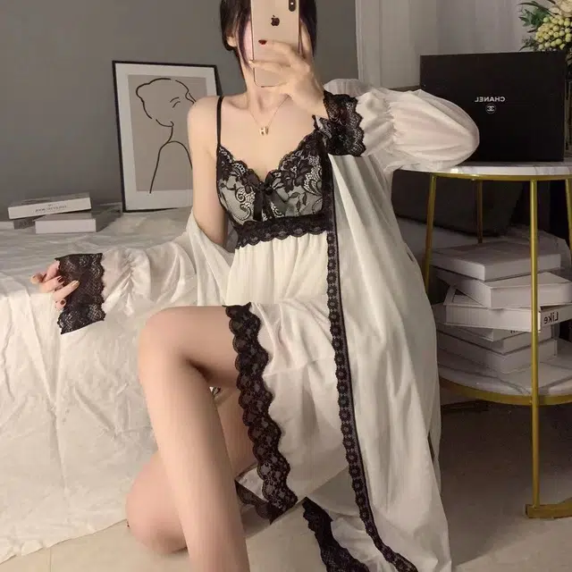 秀黛 纯色拼接蕾丝无袖内搭凉感柔软长袖外搭睡衣套装 女款 白色