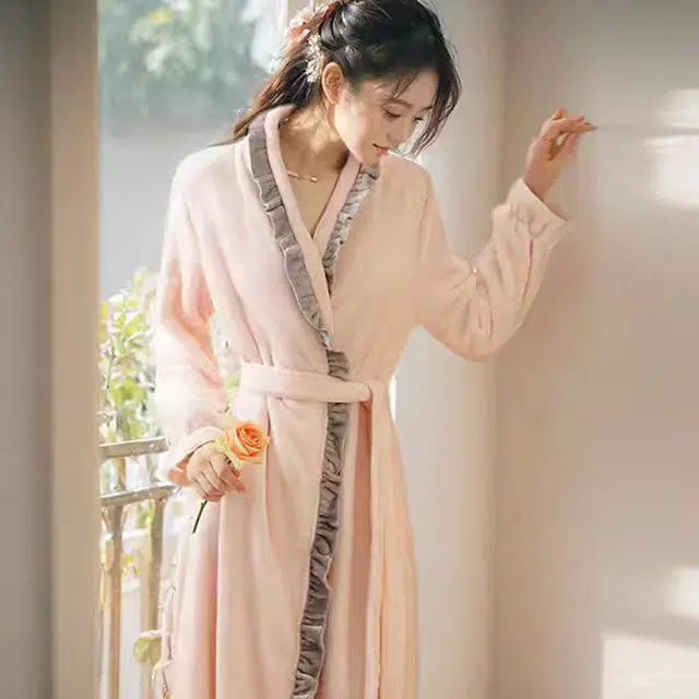 秀黛 宫廷风撞色木耳边拼接长袖家居服可外穿睡袍 女款