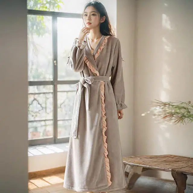秀黛 宫廷风撞色木耳边拼接长袖家居服可外穿睡袍 女款