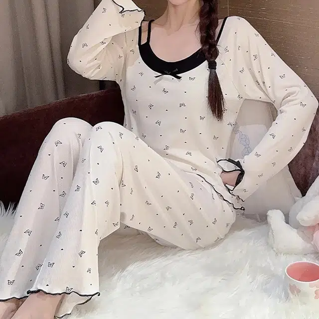 秀黛 舒适休闲带胸垫长袖长裤可外穿睡衣套装 女款 白色