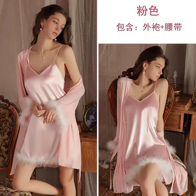 秀黛 聚拢吊带长袖可外穿网纱春秋睡衣套装 女款
