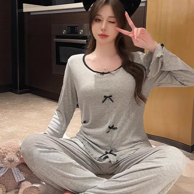 秀黛 简约休闲蝴蝶结亲肤舒适圆领袖口开叉长袖上衣可外穿休闲长裤睡衣套装 女款 灰色