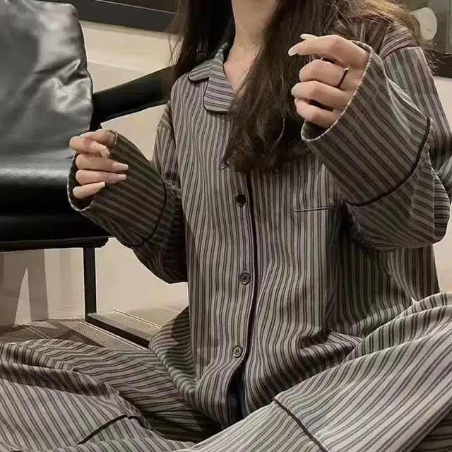 秀黛 简约休闲翻领长袖条纹长裤家居服可外穿睡衣套装 女款 图色